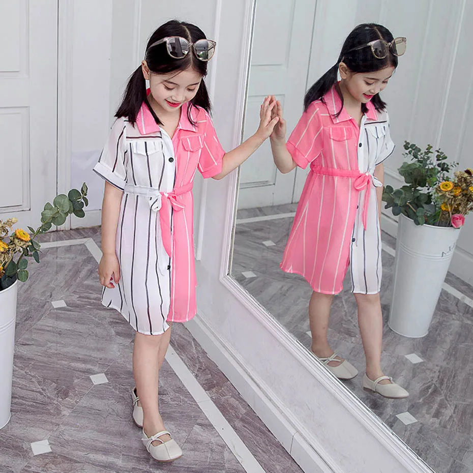 Girls Summer Dress Striped Blouse Dress for Girl Patchwork Kid Shirt Teenage School Costume for Girls girls dress kids clothes