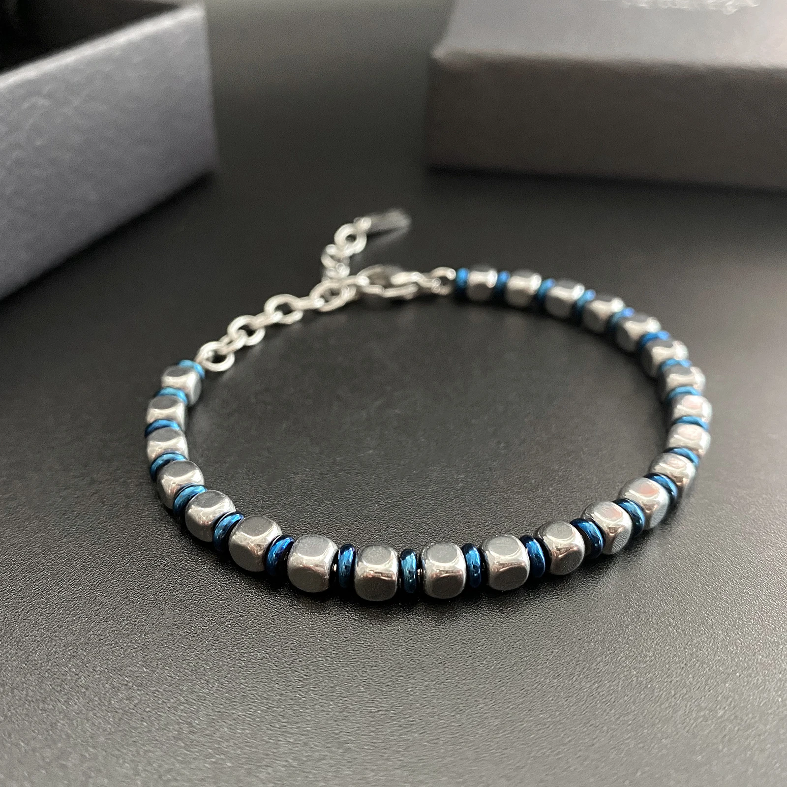 Runda Men's Stainless Steel Bracelet Beads with Blue Ring Adjustable Size 22cm Fashion Handmade Charm Bead Bracelet for Men