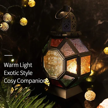 

Retro Iron Candle Lantern,Portable Moroccan Stained Glass Candle Holder Hanging Lamp Horse Light Wind Lantern,Home Decor