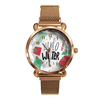 

LinTimes BK41-7 Women Quartz Watch Christmas Pattern Dial Magnet Buckle Fashion Lady Timepiece Metal Strap Female Watches