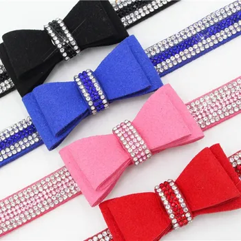 

Pet Collar Shiny Rhinestone Color Diamond Suede Microfiber Dog Collar Bow Knot