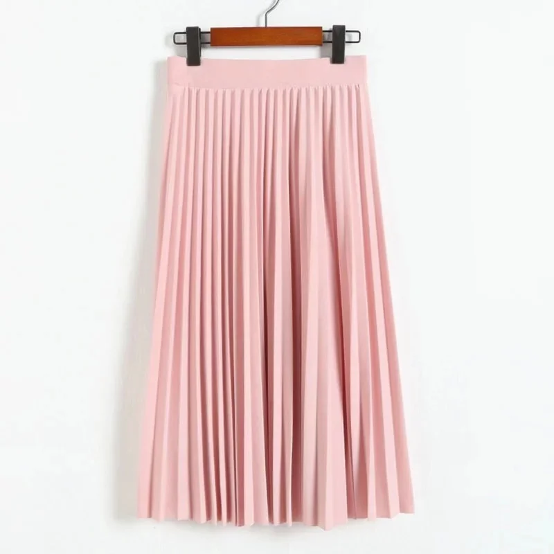 Весенне-осенняя Новая модная женская однотонная плиссированная юбка средней длины с высокой талией, эластичная юбка, акция, женская, черная, розовая