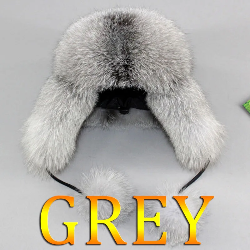 Women real fox fur hat genuine sheepskin leather caps winter warm Ears Fashion Bomber Cap belt new arrival - Цвет: grey