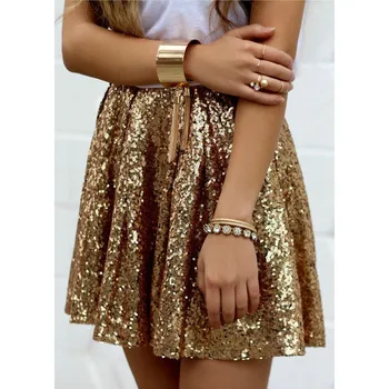 

Lychee Girls Solid Color Golden Sequin Women Skirt High Waist Summer Lady Skirts Bottoms Party Loose Shinny Mini Female Skirt