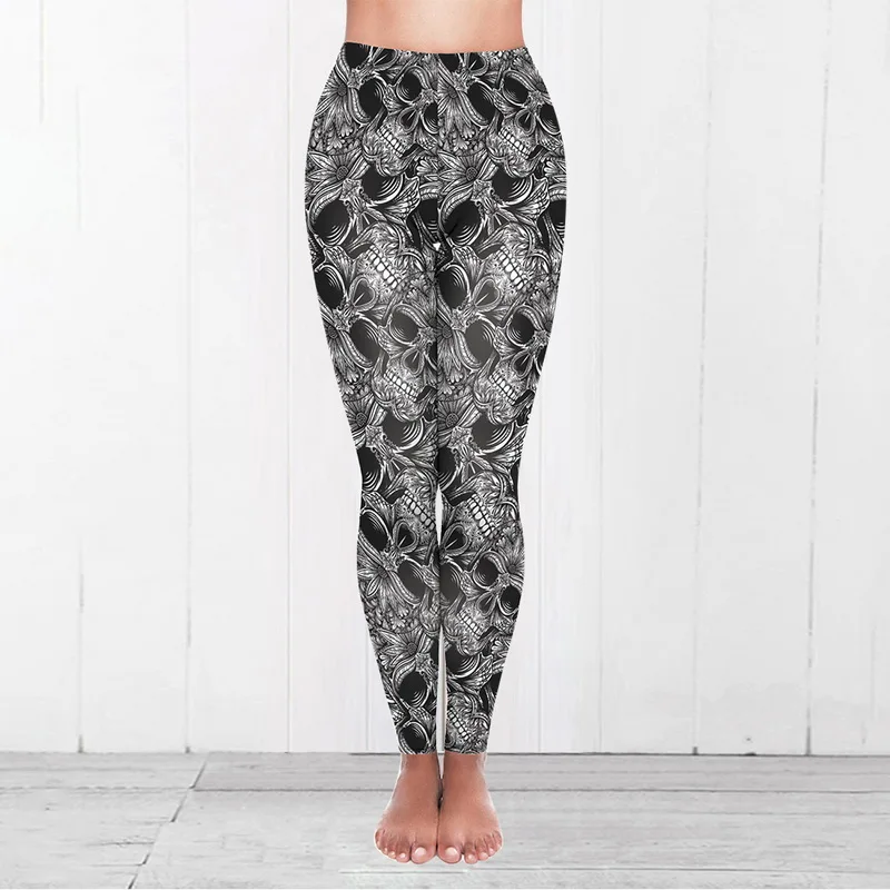 Skull Print Women Fitness Leggings Slimming High Waist Training Pants Pish Up Stretch Running Wear Sports Workout Breathable