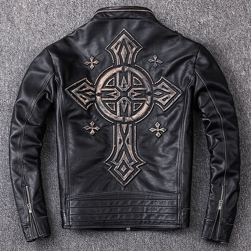 

Black Distressed Leather Jacket Men Vintage Motorcycle Jackets 100% Natural Cowhide Mens Motorbike Coat Autumn Free Shipping