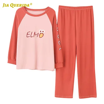 

New Letter Printing Long Sleeve Long Pants Sleepwear Fashion Style Casual Style Woman Clothes Pajamas Set Crew Neck Patchwork