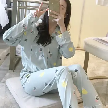 

Women Autumn Casual Pajama Sets Cute Rabbit Print Loose Suit Home Service Striped Cardigan Suit Pajamas Two-piece