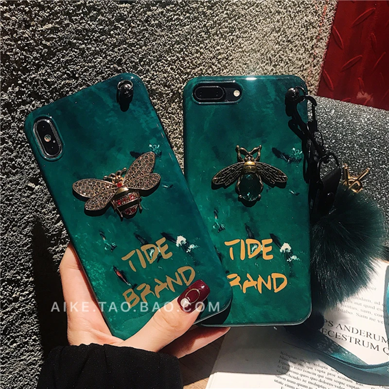 

Cute Metal Diamond Bee Hairball lanyard phone case for iphone 7 8 6 6S plus X XR XS MAX Cover for samsung galaxy S8 S9 Note S10