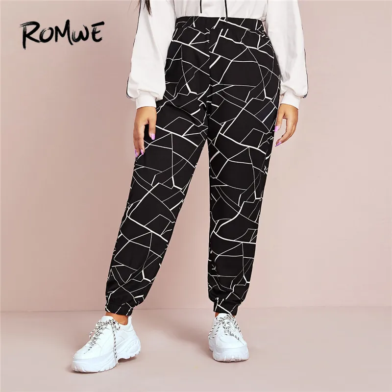 Romwe спортивные трикотажные штаны размера плюс с эластичной резинкой на талии, осенние весенние спортивные штаны для фитнеса, женские спортивные черные штаны