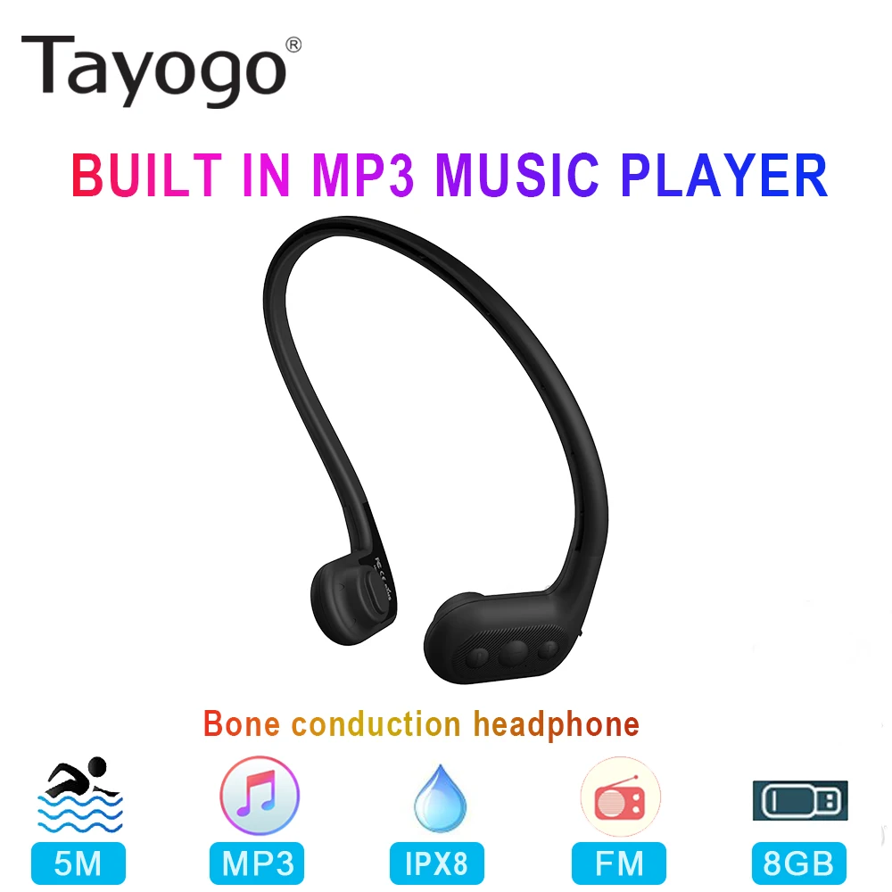 Tayogo W01 водонепроницаемые наушники с костной проводимостью 8 Гб MP3 плеер для плавания с fm-радио IPX8 спортивные наушники для дайвинга Runing - Цвет: black earphone