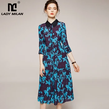 

100% Silk Women's Runway Dress Embroidery Turn Down Collar 3/4 Sleeves Printed Fashion Casual Mid Dresses