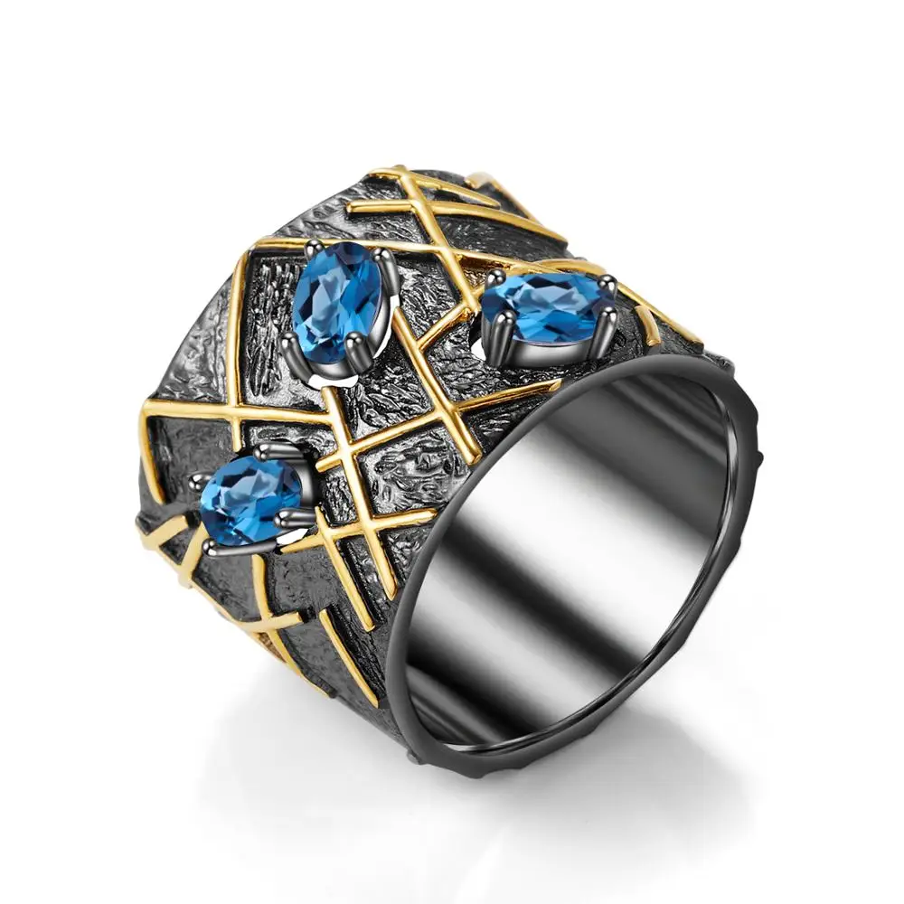 GEM'S BALLET Natural London Blue Topaz Gemstones Fine Jewelry Real 925 Sterling Silver Handmade Cross Line Rings for Women Party GEM'S BALLET Natural London Blue Topaz Gemstones Fine Jewelry Real 925 Sterling Silver Handmade Cross Line Rings for Women Party