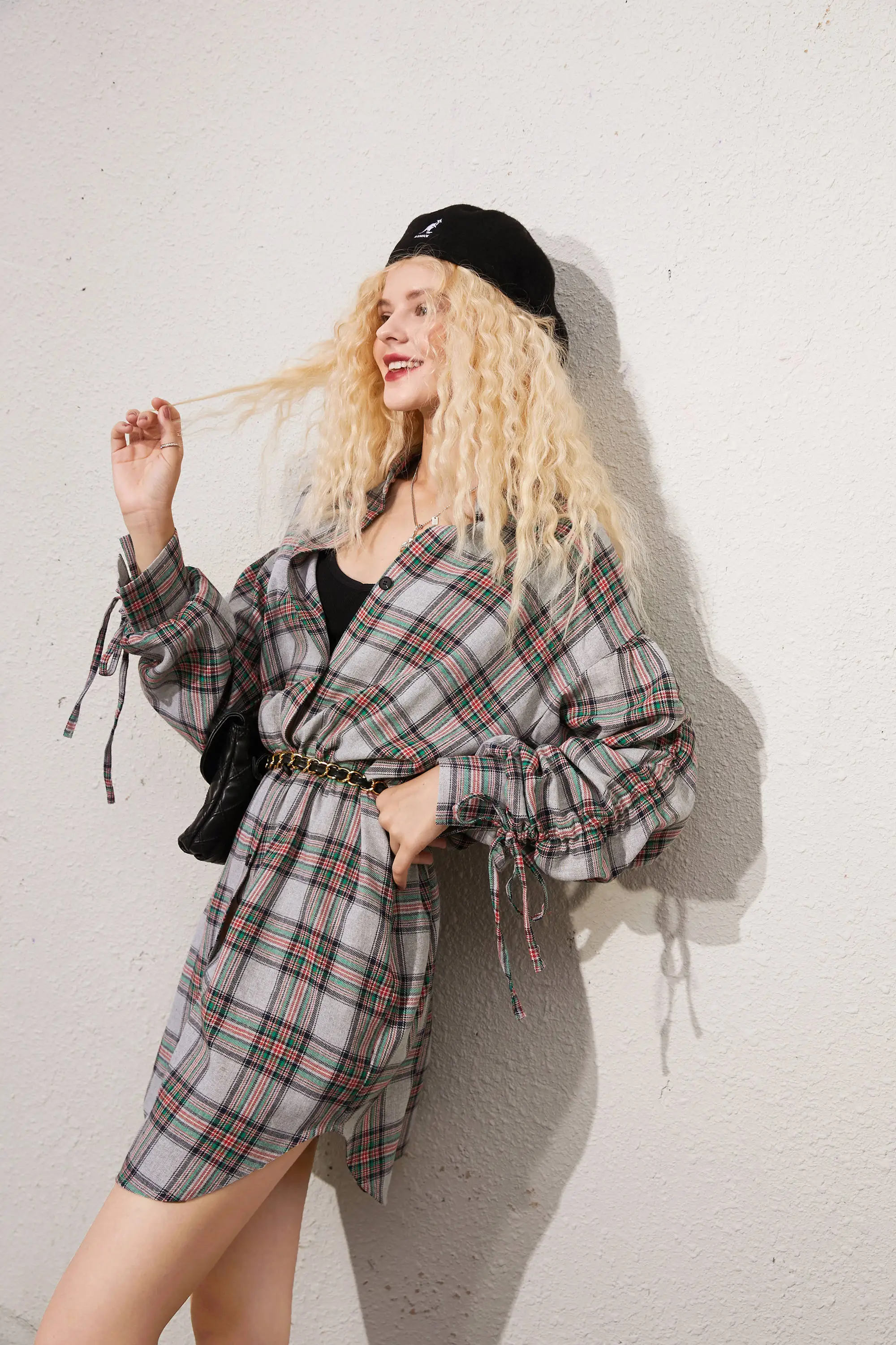 ELFSACK Plaid British High Waist Chiffon Shirt Dress Women,2020 Autumn ELF Vintage Lace Up Korean Ladies Daily Preppy Dresses
