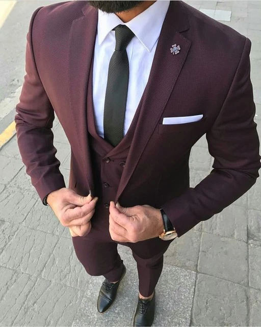 Traje Rojo Vino Para Hombre, Blazer De Negocios Ajustado, De Boda A La Moda, Traje Informal Para Fiesta Y Graduación, 3 Uds. - Trajes - AliExpress