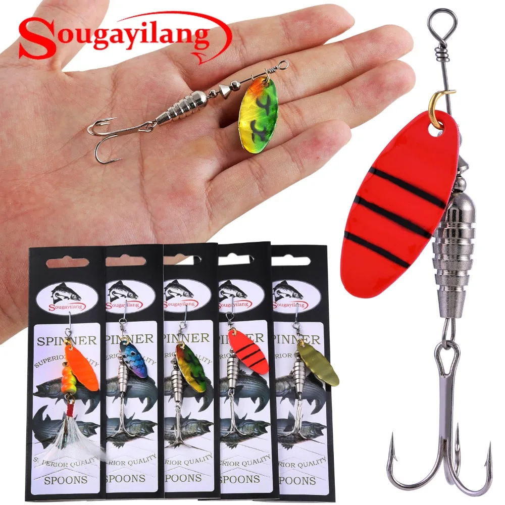 Sougayilang 5Pcs Metal Spinner Baits Fishing Lure with Rooster Tail Hook Carp Fishing Tackle Life-like Fishing Hook