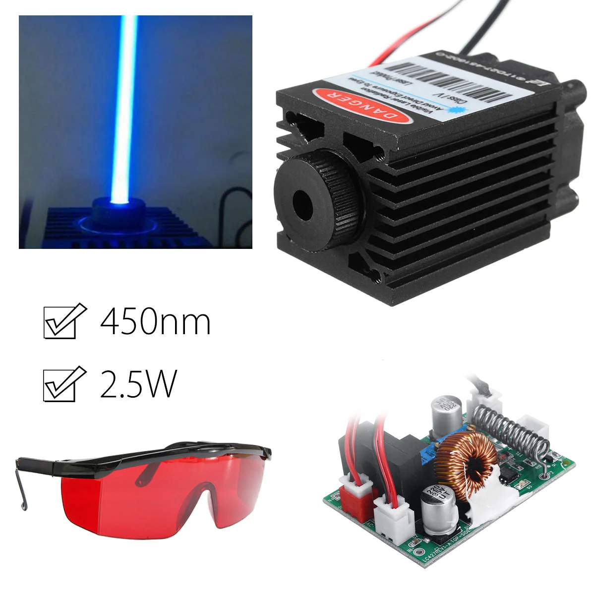  2.5W 450nm Blue Laser Module TTL 12V Focusable High Power + Goggles for CNC Cutting Laser Engraving