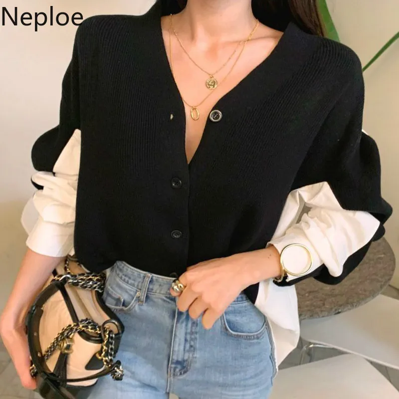 

Neploe Korean Irregular Short Knit Cardigans V Neck Loose Patchwork Thick Sweater Women Autumn 2019 Student Soft Coat 46101