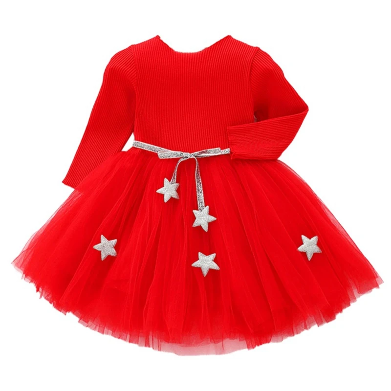 Милое детское Сетчатое платье с пятиконечной звездой весенне-осеннее повседневное модное платье для маленьких девочек милое Пышное Сетчатое платье принцессы с длинными рукавами