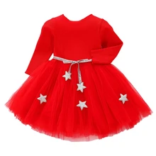 Милое детское Сетчатое платье с пятиконечной звездой весенне-осеннее повседневное модное платье для маленьких девочек милое Пышное Сетчатое платье принцессы с длинными рукавами