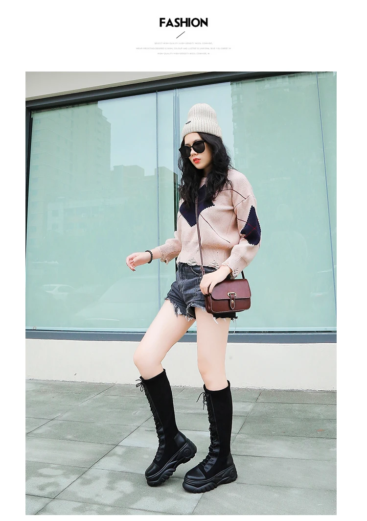 Women Platform Knee High Boots 6.5 Cm Lace-up Platform Boots Ladies Winter Keep Warm Waterproof Women Shoes Black Gray