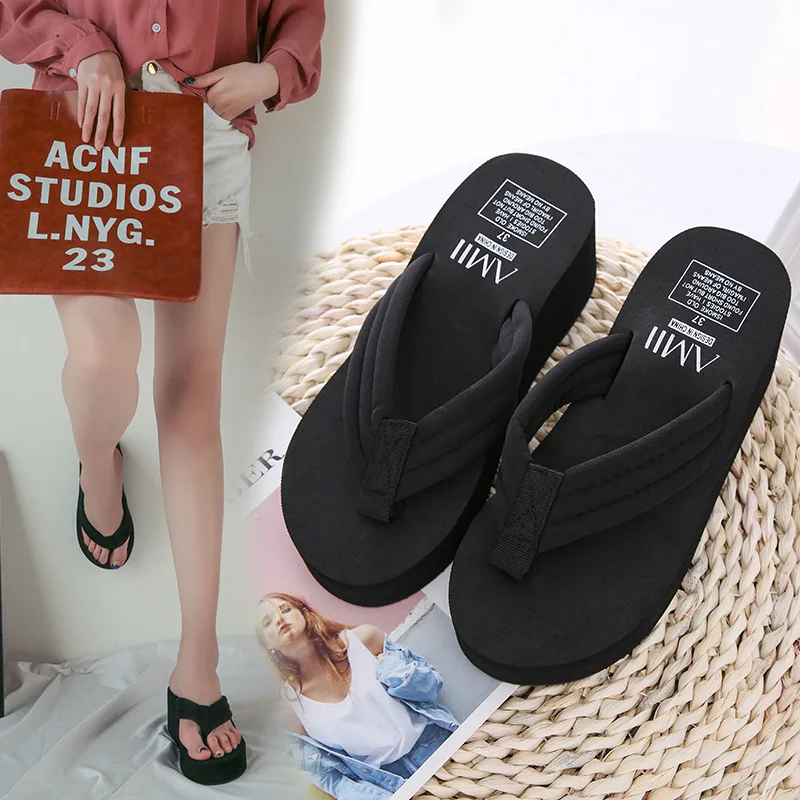 

2019 Summer Fashion Outer Wear Platform Thick Bottomed Slanted Heel Anti-slip Sandals Slippers Flip-flop High-Heel WOMEN'S Slipp