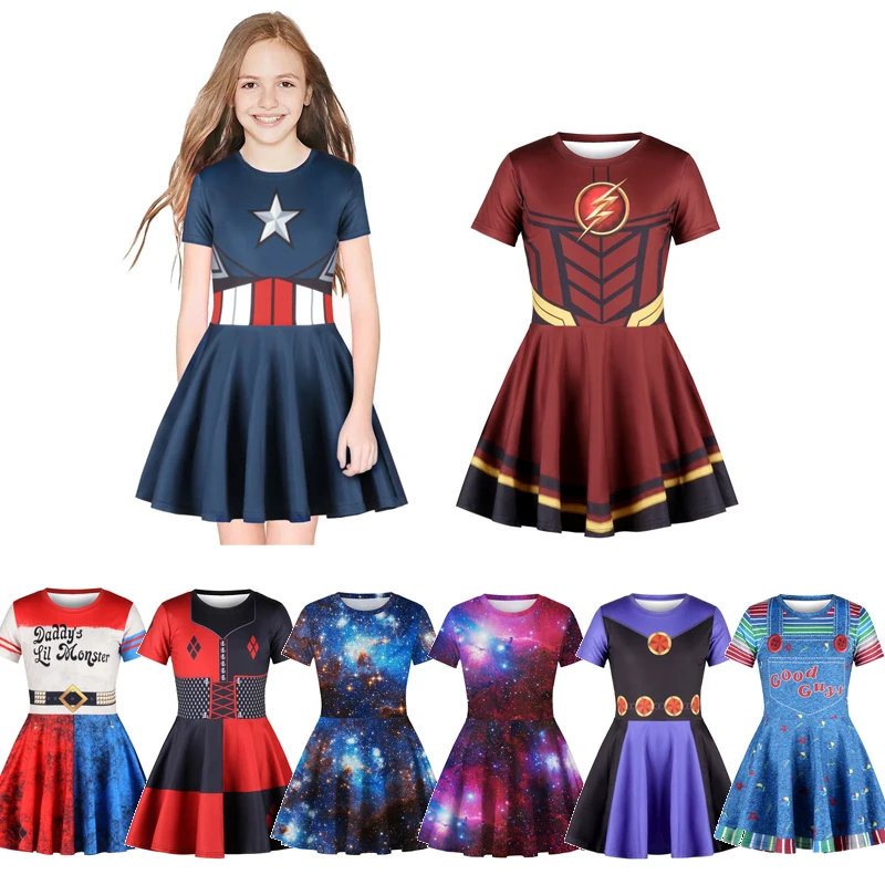 Muababy девочки Плиссированное Платье летнее с короткими рукавами 3D печатных Капитан Америка Джокер Харли Квинн юбка-клеш Повседневное Открытое платье без рукавов 7 до 12 лет