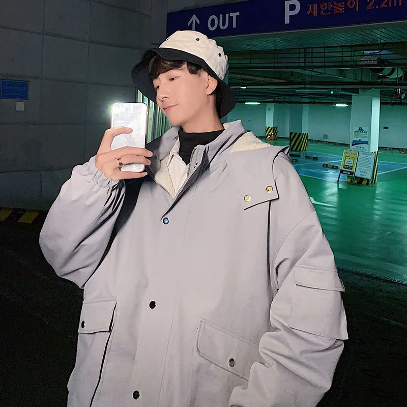 

Winter Thick Jacket Men Warm Fashion Parka Men Solid Color Hooded Coat Man Streetwear Loose Lambskin Jacket Male Clothes S-2XL