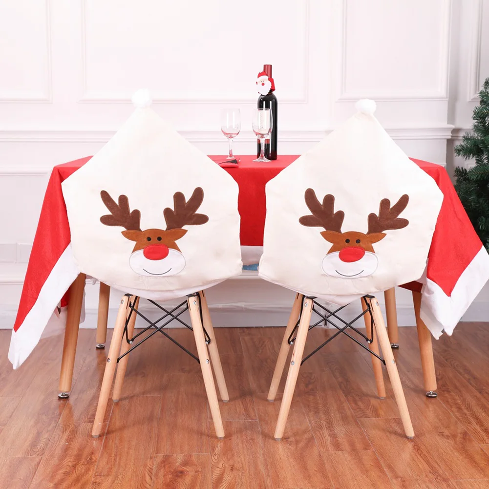 

Christmas Embroidery Chair Back Covers Eco-friendly Non-woven Elk Pattern for Holiday Party Festival Kitchen Dining Room Chairs