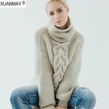 Зимняя женская толстовка с капюшоном Женская одежда тяжелый пуловер свитер Коренастый уютный теплый шерстяной осенний свитер