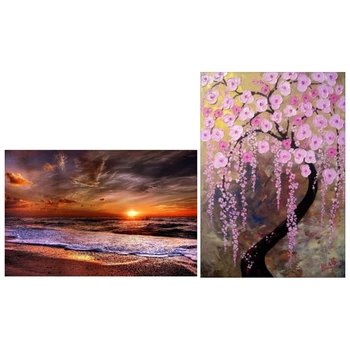 

2 Set DIY Diamond Embroidery Full Square Drill Diamond Painting Rhinestone Seaside Sunset & Pink Flower Tree