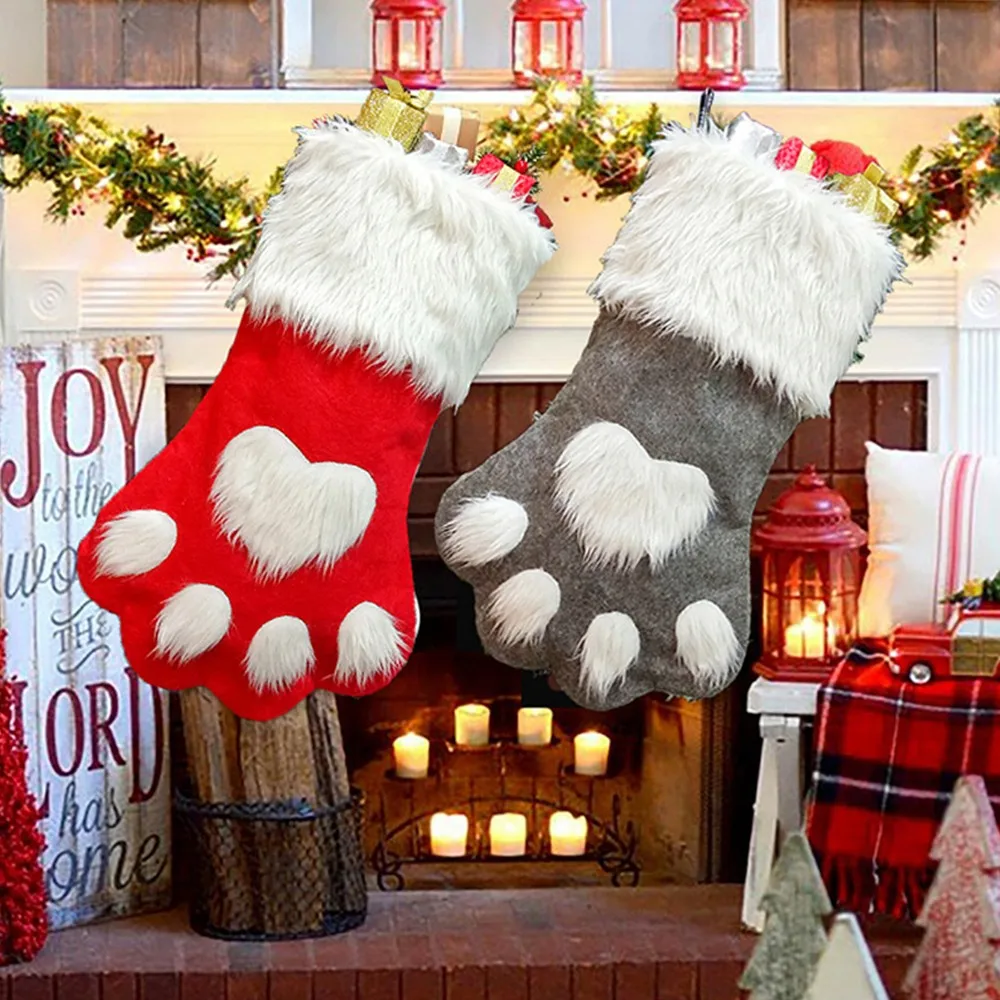 

Dog Cat Paw Christmas Stockings Plush Fireplace Hanging Socks for Holiday Christmas Decorations Tree Ornaments Kids Gift