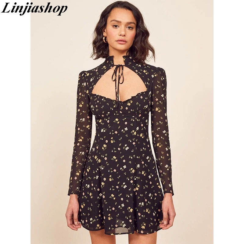 

Elegant stylish chiffon dress women special design collor long sleeve halter reformation autumn hollow out print mini dress