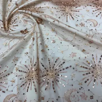 

Pink Tulle Sequins Lace Fabric Shiny Stars Moon Sequins lace fabric For Bridal Evening Show Dresses Sewing Craft Garment 1 yard