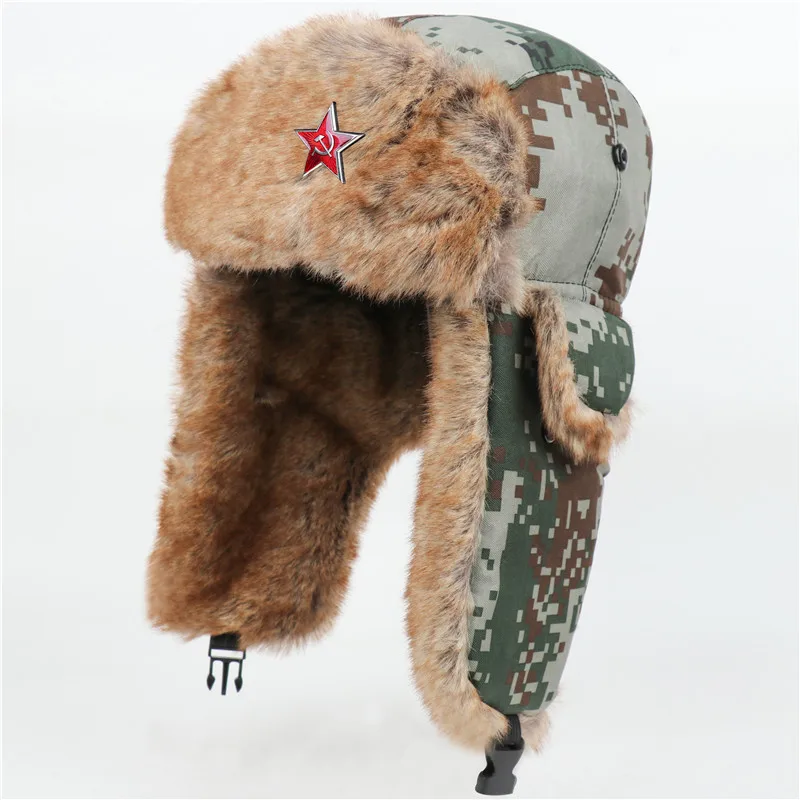 Winter Hat Soviet Badge Ushanka Bomber Hats Camouflage Windproof Warm Earmuffs Men Women Outdoor Thicken Russian Hat with Ears fur bomber hat mens Bomber Hats