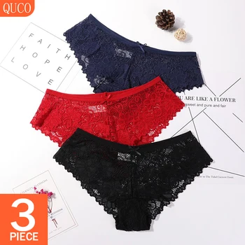 

QUCO Brand 3 Pcs/lot Women's Panties Set Lace Underwear Women Plus Size Sexy Lingerie Female Briefs Sheer Tights Erotic Thongs