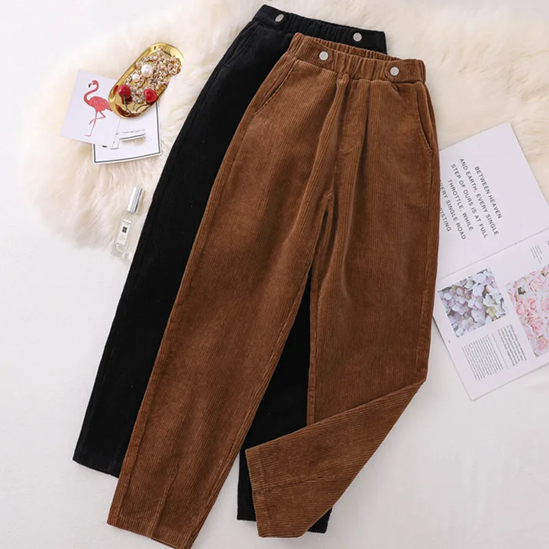 

Corduroy Pant Women Autumn Elastic High Waist Trousers Khaki Black Harem Pants Plus Size 5xl 2019 Casual Lady Long Trouser