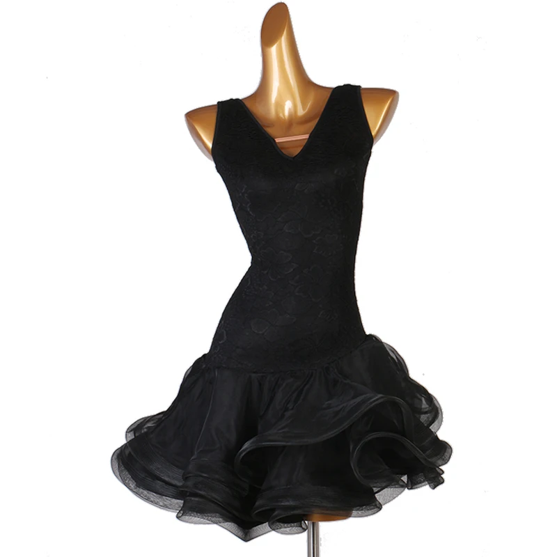 Платье для латинских танцев, женское черное кружевное платье без рукавов, большая свободная юбка для взрослых/детей, платья для латинских танцев, танцевальные костюмы для самбы DQL2756