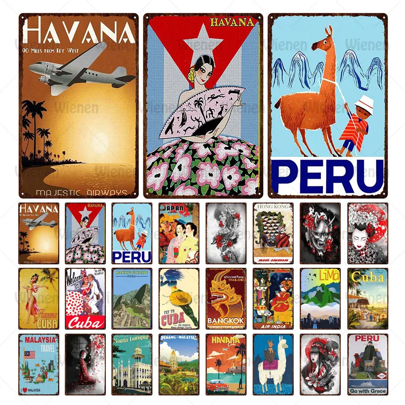 

Metal Decor Painting Japan Peru Cuba City Landscape Tin Sign Retro Metal Plate Kimono Geisha Wall Art Picture Home Iron Sheet