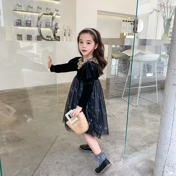 

Party Dress Girl Autumn and Winter New Girls Patchwork Sequin Mesh Velvet Black Princess Dress Baby Halloween Costume