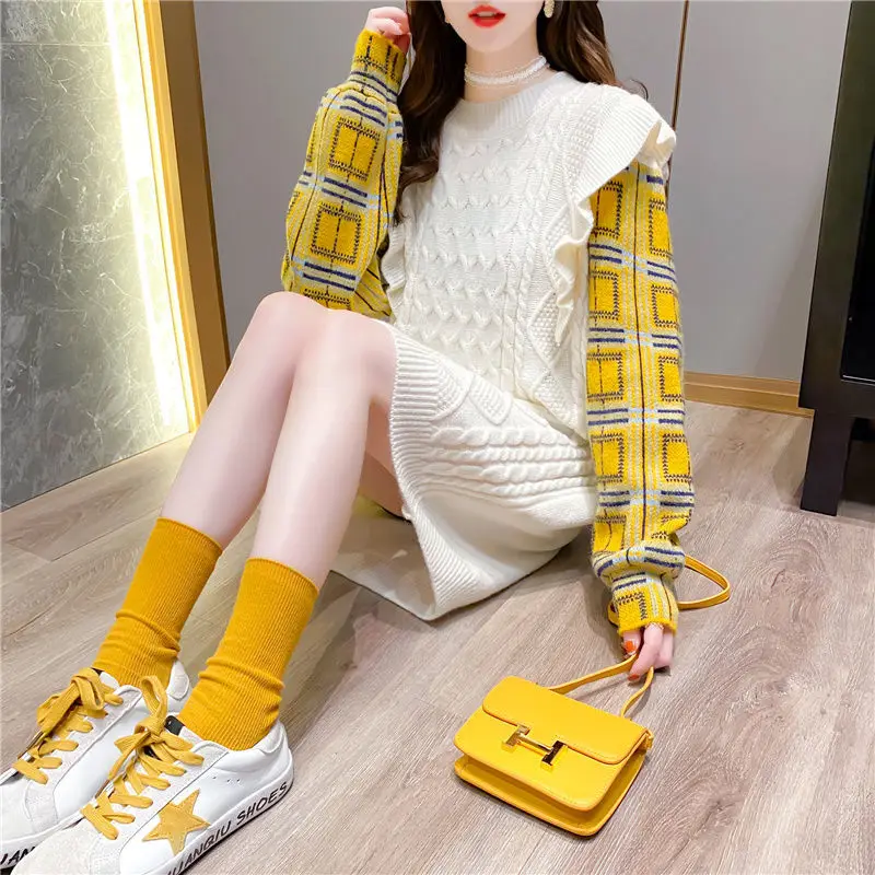 

Mode robe 2020 nouveau hit faux deux mi-longueur femmes chandails automne et hiver nouveau volant couture pull pull robe