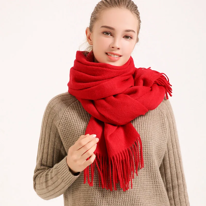 Зимний женский шарф из шерсти, большие размеры, бренд, уличные теплые шарфы для женщин, одноцветные шарфы из пашмины и шерсти с кисточками