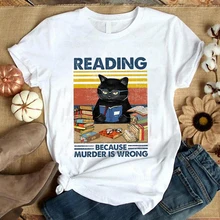 Cheap Vintage Style Black Cat T Shirt Reading Because Murder Is Wrong Funny Book Lovers Graphic Cotton Tees Cheap Vintage Style Black Cat T Shirt Reading Because Murder Is Wrong Funny Book Lovers Graphic Cotton Tees
