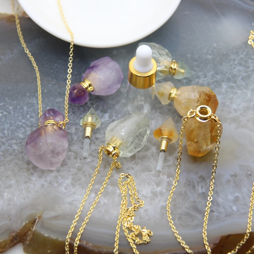 Raw Amethysts/Citrines Perfume Bottle Pendant Necklace,Natural Green Crystal Gems stone Essential Oil Diffuser Vial Charms Chain