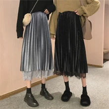 Han edition pleuche nets пряжа сплайсинга кружева стороны носить длинные плиссированные юбки