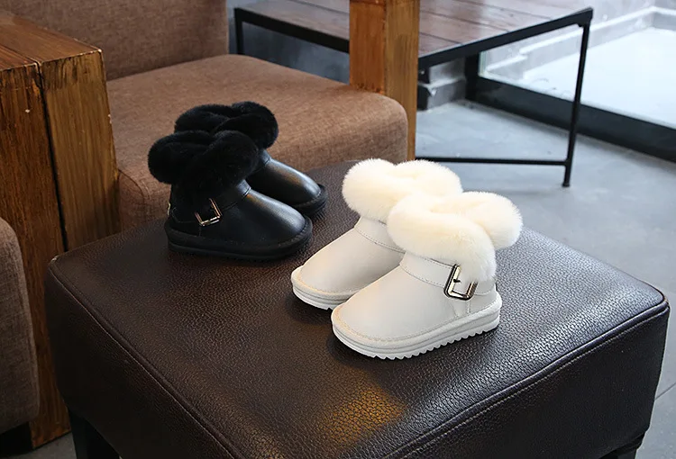 Зимняя детская обувь; белые зимние ботинки с кроликом для девочек на плоской подошве; нескользящие хлопковые ботинки; непромокаемые От 1 до 9 лет