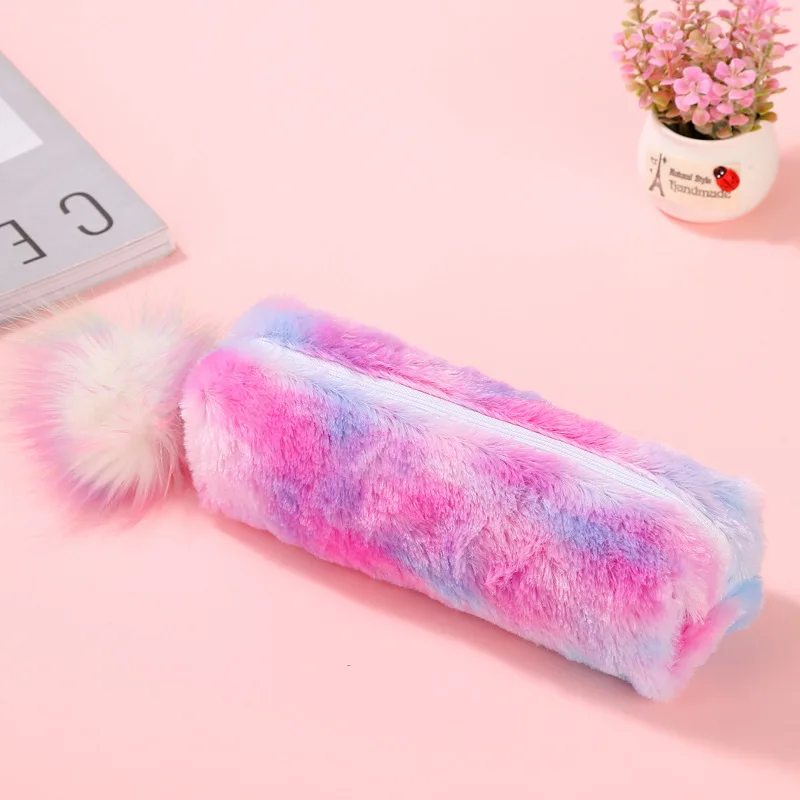 

Kawaii Rainbow Plush Pencil Case Color Zipper Hair Ball Pencil Bag for Kids Girl Stationery Pencilcase School Supplies