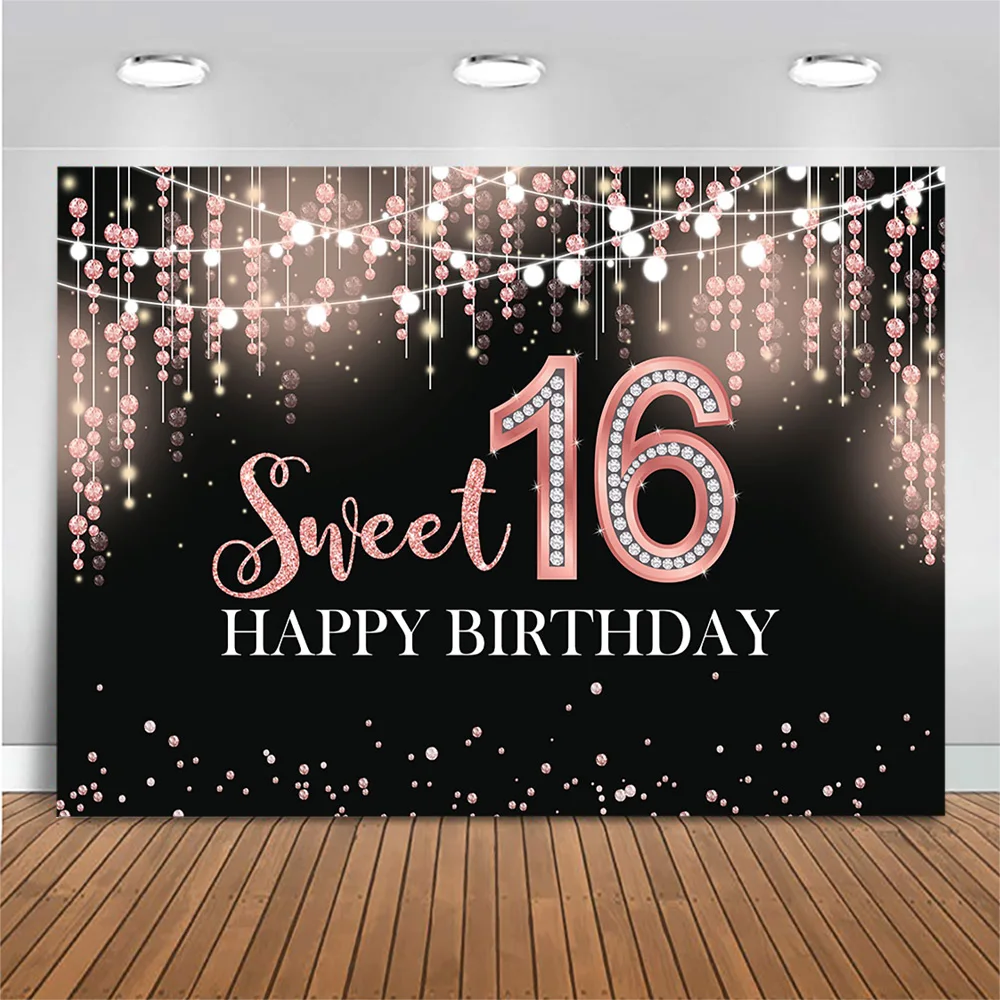 Mocsicka Glitter Sweet 16 Backdrop Girl 16th Birthday Party Photo Background High Heels Diamond Decoration Photography Backdrops