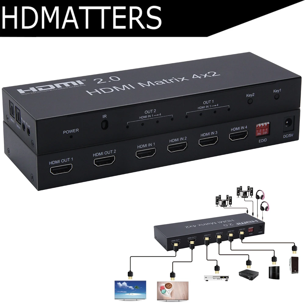 

HDMI2.0 HDMI Matrix 4X2 with toslink audio HDMI 2.0 Matrix 4 in 2 out 4K 60Hz HDCP 2.2 with EDID&HDMI IR control