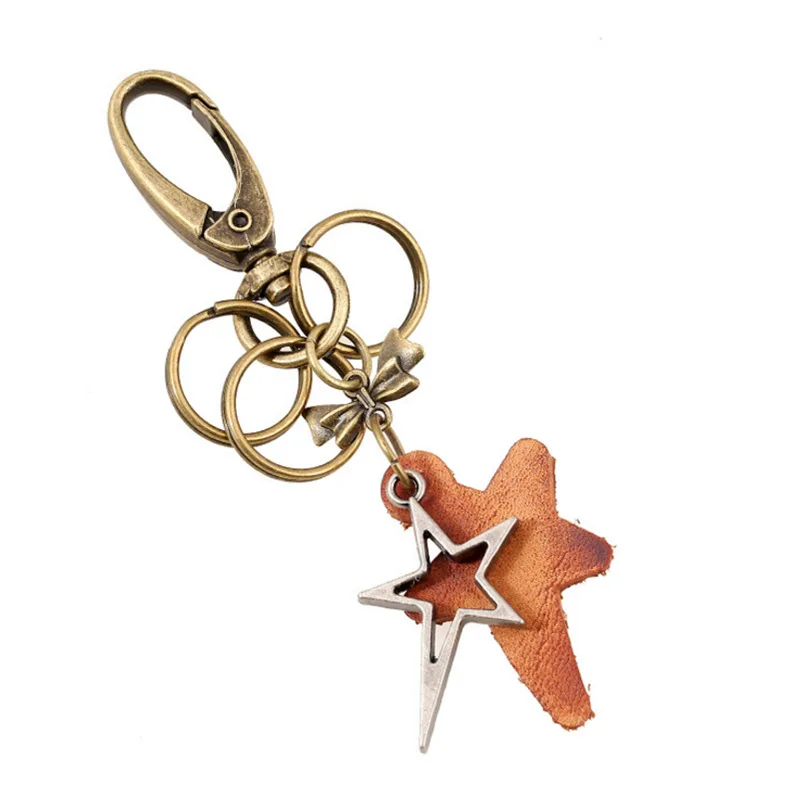 

Creative Gifts Car Key Ring Retro Punk Bronze Five-pointed Star Leather Keychain WOMEN'S Backpack Pendant